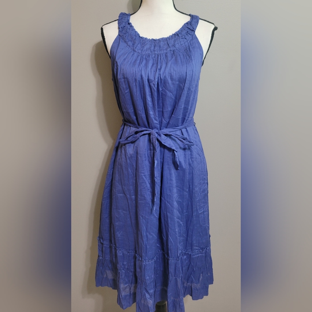 Talbots Blue Sleeveless Ruffled Neck Tie-Waist Cotton Dress - Size 8